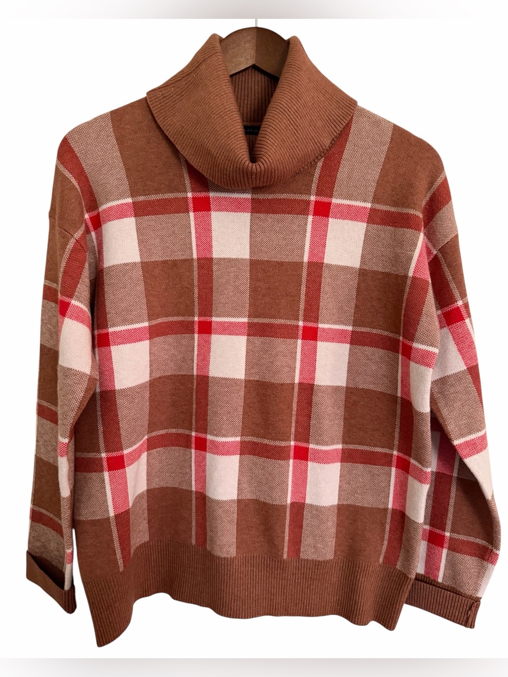 Tahari Brown Plaid Cowl Neck Sweater with Red and White Accents, Size M